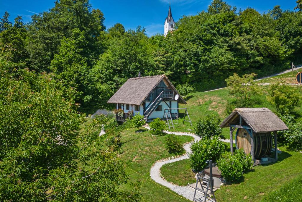 un jardín con una casa pequeña y un camino en Vineyard Cottages Skatlar - Happy Rentals en Otočec