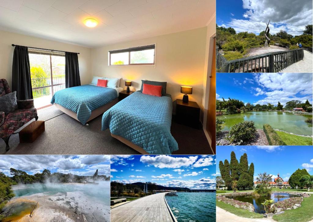 a collage of photos of a hotel room at Parkview Holiday Home "Opposite of Famous Kuirau Park" in Rotorua