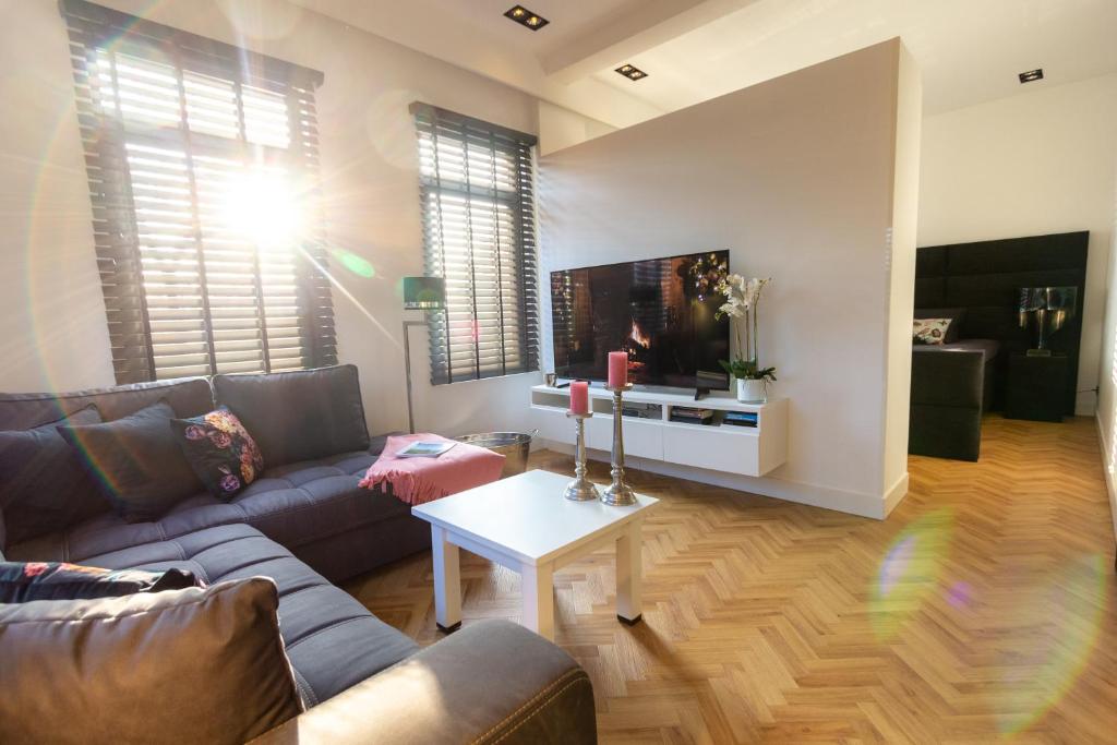 a living room with a couch and a tv at Spacious private apartement, 25min from Amsterdam in Hilversum