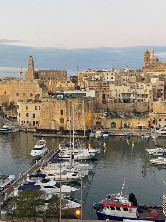 un groupe de bateaux amarrés dans un port avec une ville dans l'établissement Marina View 34, à Il-Birgu