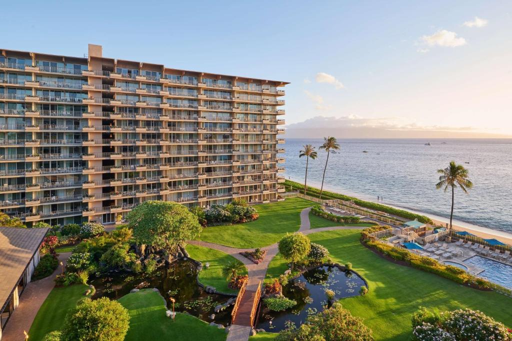an aerial view of a large building next to the ocean at Aston at The Whaler on Kaanapali Beach in Lahaina