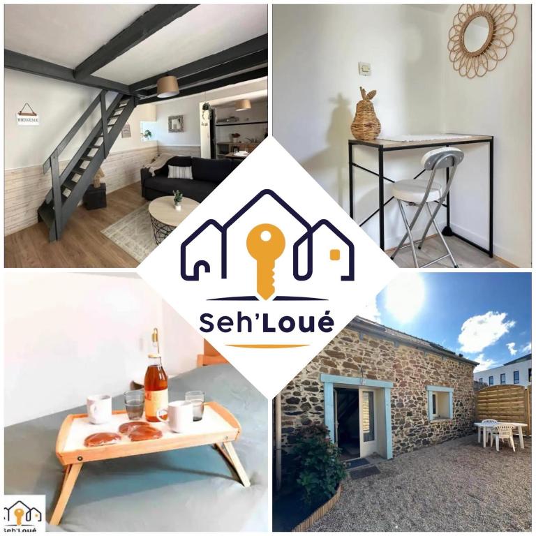 een collage van foto's van een woonkamer en een huis bij Maisonnette de la Baie Seh’Loué in Yffiniac
