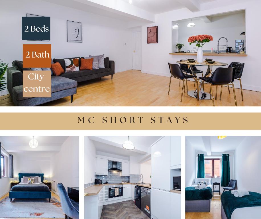 two photos of a living room and a mg shot stays at Manchester City Centre 2 bed apartment in Manchester