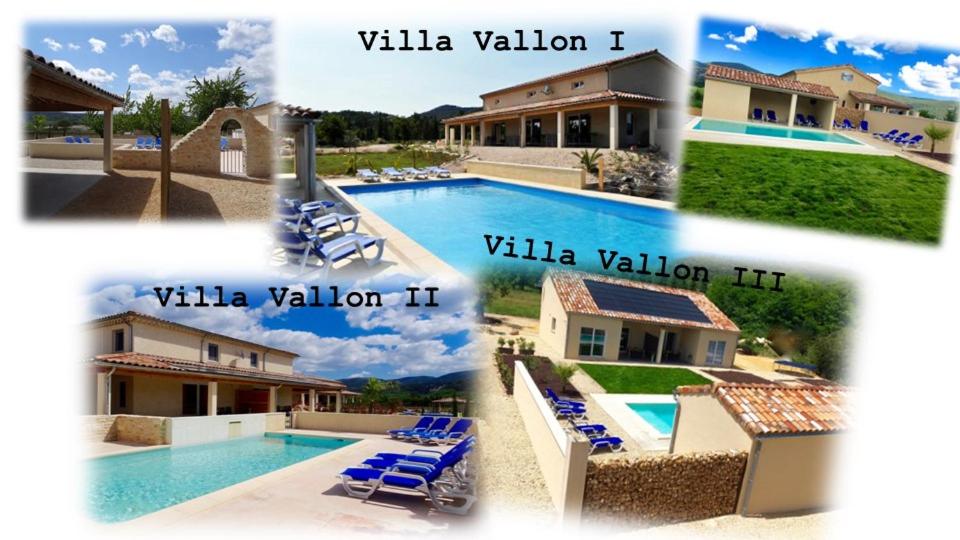 een collage van foto's van een villa met zwembad bij Villa Vallon Pont d'Arc in Vallon-Pont-dʼArc