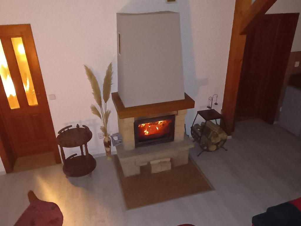 uma sala de estar com um fogão a lenha num quarto em Domeček em Trutnov