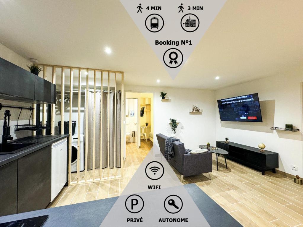 a kitchen and living room with stickers on the ceiling at *NEW*_ L'Industriel Chic au cœur de Ville _ in Guingamp