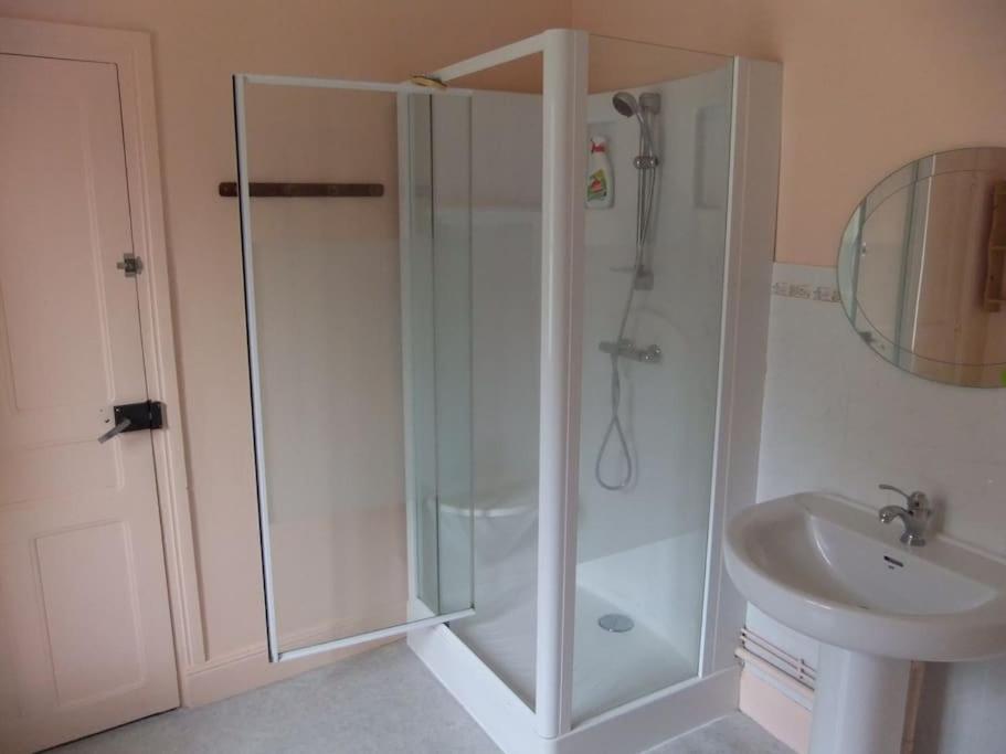 a bathroom with a shower and a sink at Gite au sein du Parc des Volcans d&#39;Auvergne, tous commerces à pied in Neussargues-Moissac