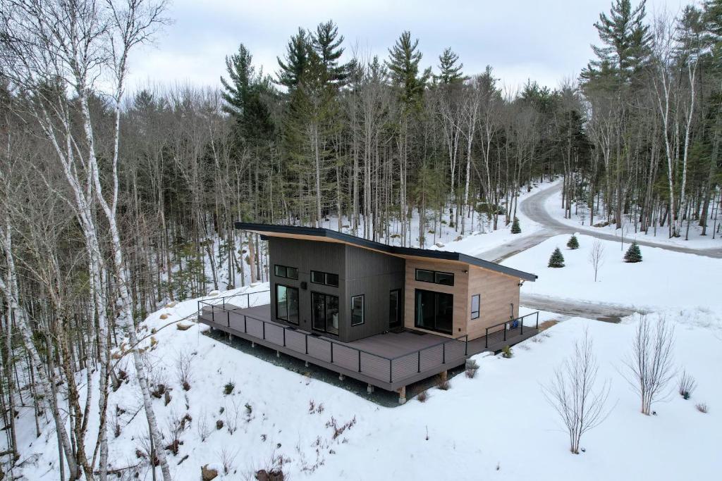 una casa en el bosque en la nieve en 1B Contemporary cabin in magnificent setting, luxury and comfort, hot tub, AC!, en Bethlehem