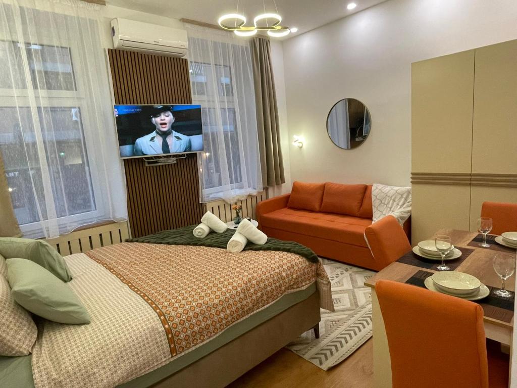 um quarto com uma cama e uma televisão em Apartment Begonia em Sarajevo