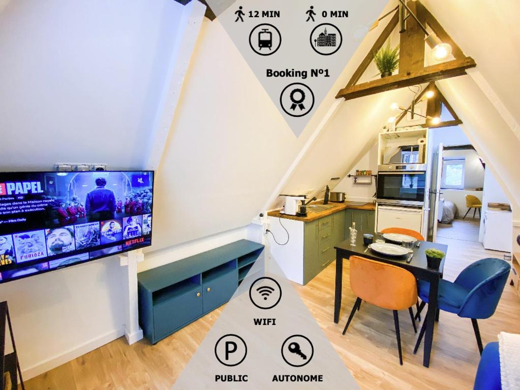 a kitchen and a living room with icons of a house at **NEW** Le Nid Douillet au cœur de Guingamp in Guingamp