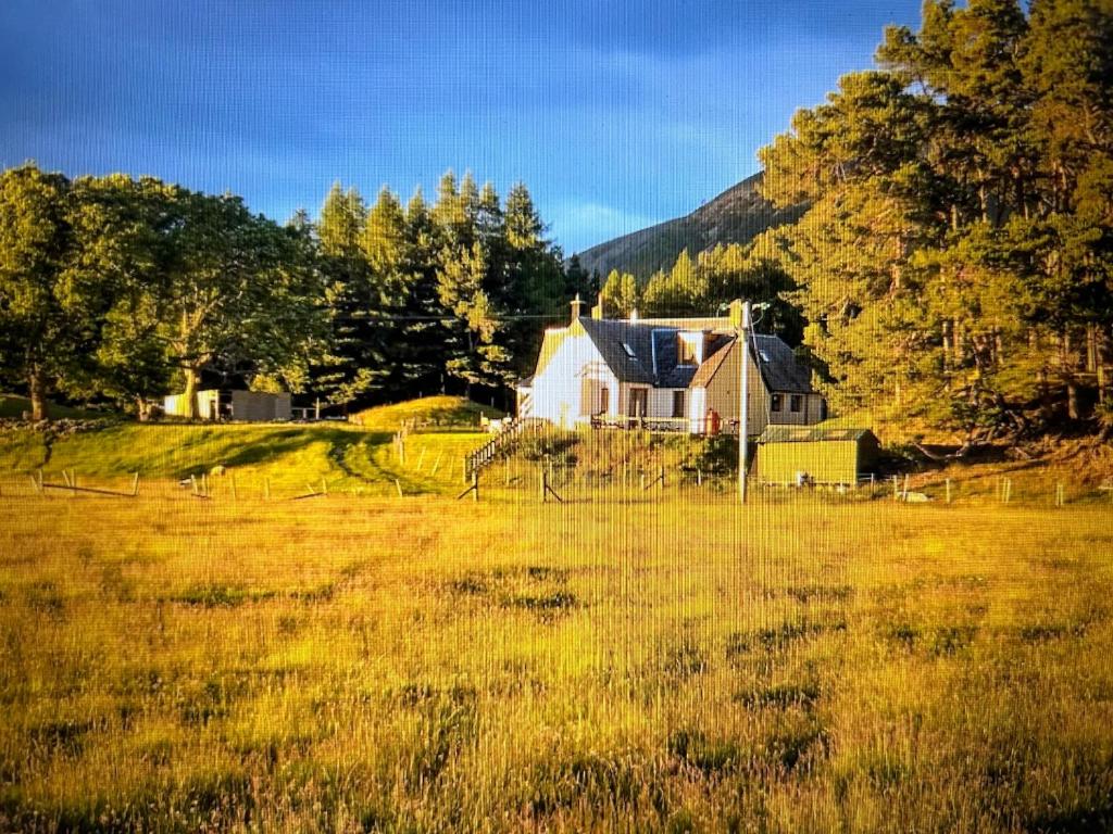 a house in the middle of a field at Glenfeshie Hostel in Insh