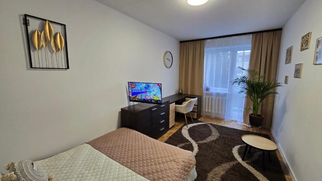 um quarto com uma cama, uma televisão e uma mesa em Duże pokoje w nowoczesnym stylu em Kielce