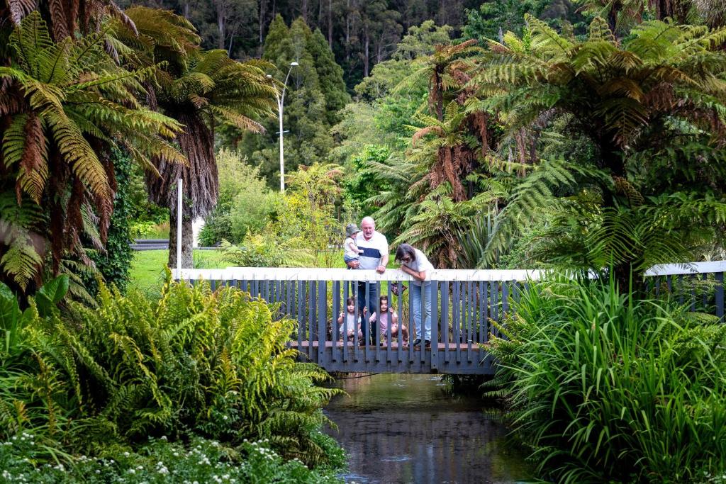 een groep mensen die op een brug staan bij Ripple Rotorua in Rotorua