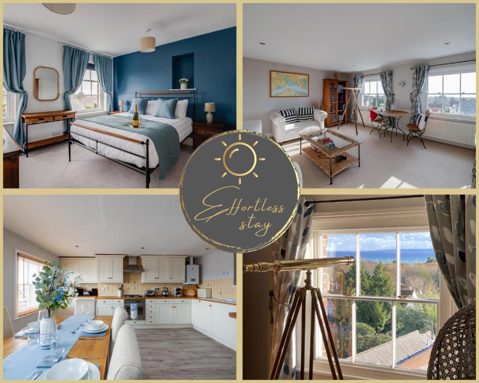 een collage van foto's van een slaapkamer en een woonkamer bij Leeward House - Luxury, Spacious, Sea View Apartment, Parking, Central Lymington in Lymington