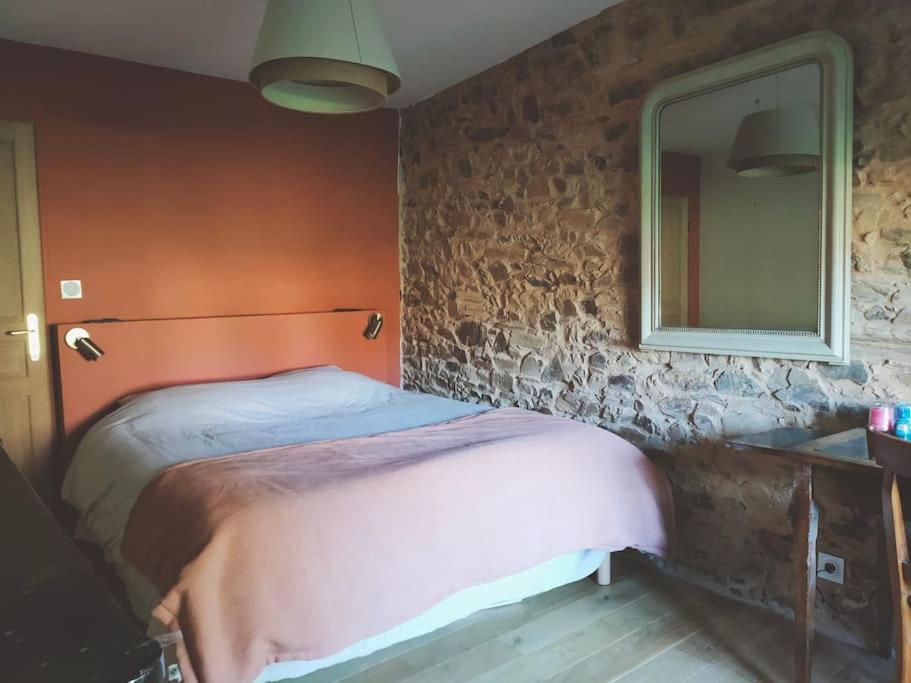 um quarto com uma cama grande e um espelho em Maison Béganne - Nature & Charme em Béganne