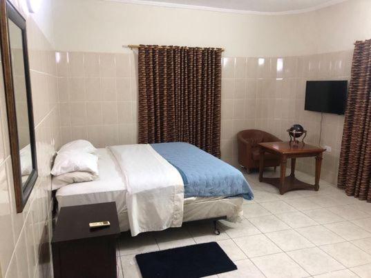 Schlafzimmer mit einem Bett, einem Schreibtisch und einem TV in der Unterkunft Osu Apartment in Accra
