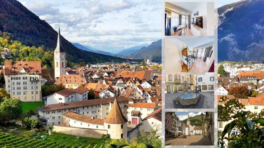 a collage of photos of a town with a church at Etagenbett - Küche - Kaffee - Tee - 55" Smart TV in Chur