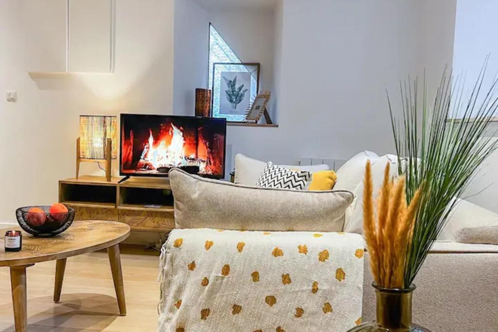 un salon avec un canapé et une cheminée dans l'établissement Verona - T2 Rue Carnot, à Annecy