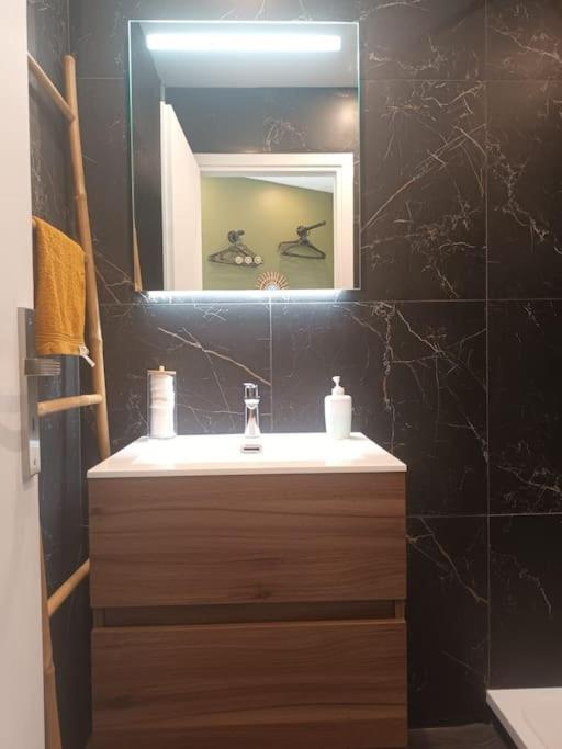 a bathroom with a sink and a mirror at La Marée, Studio vu mer Le Havre in Le Havre