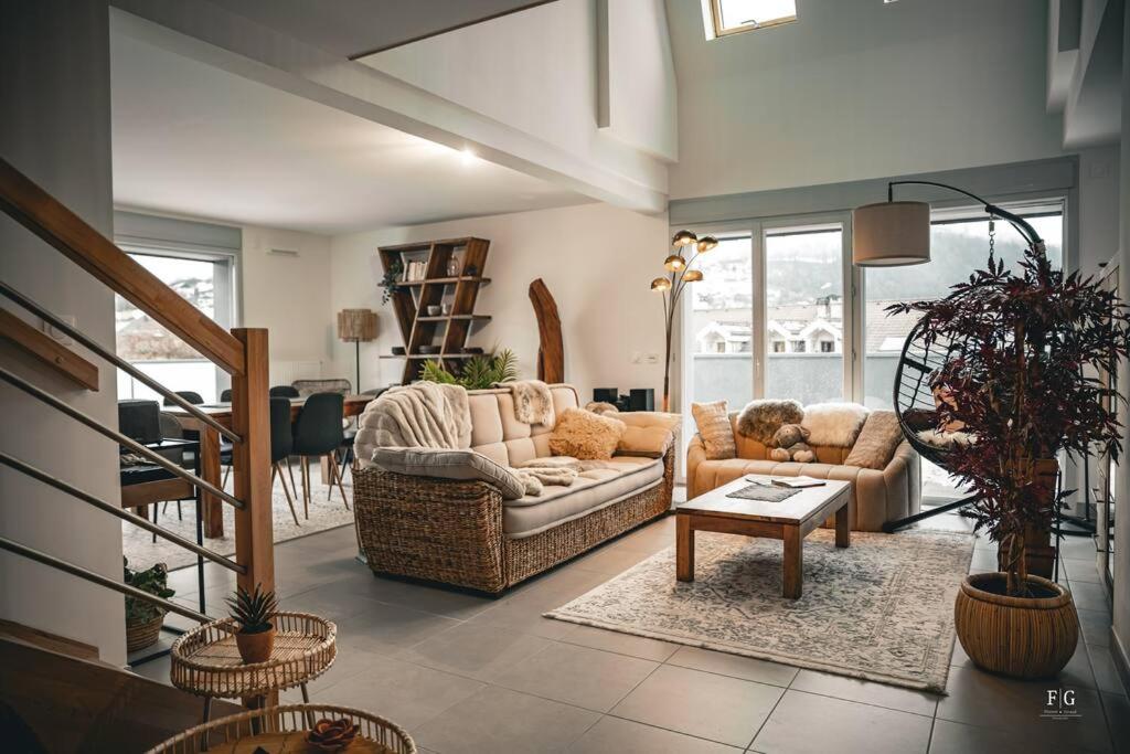 un salon avec deux canapés et une table dans l'établissement Le Méribel - Conciergerie de la Yaute, à Sallanches