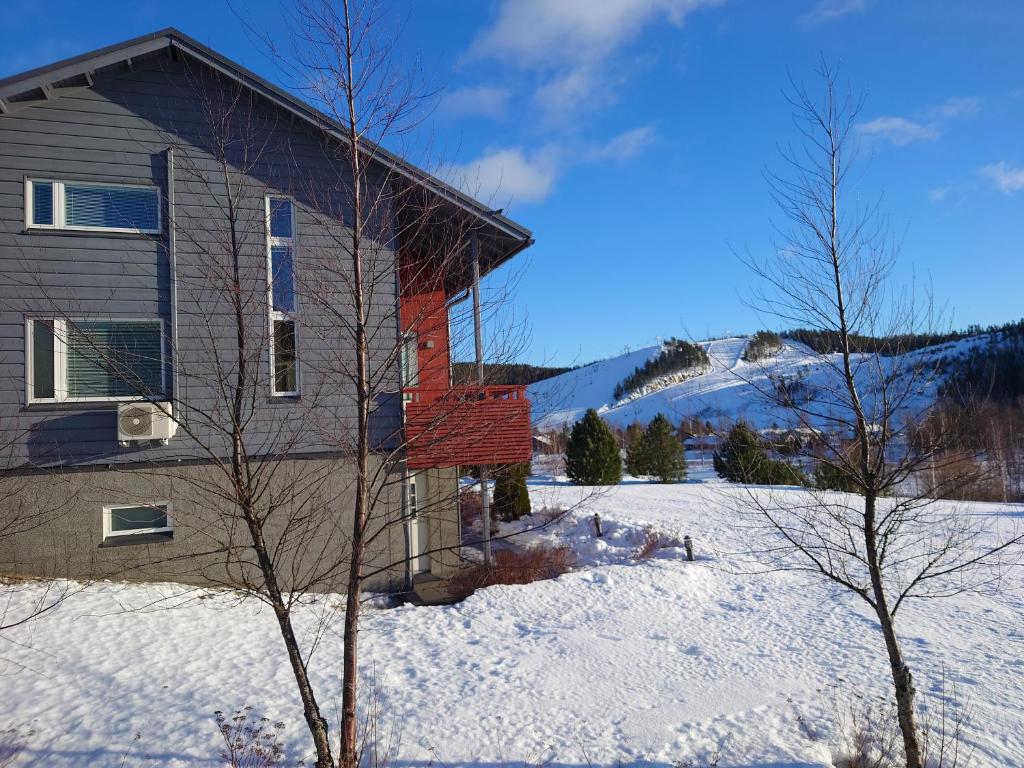 a house in the snow with mountains in the background at Villa Himalaja Himos in Jämsä