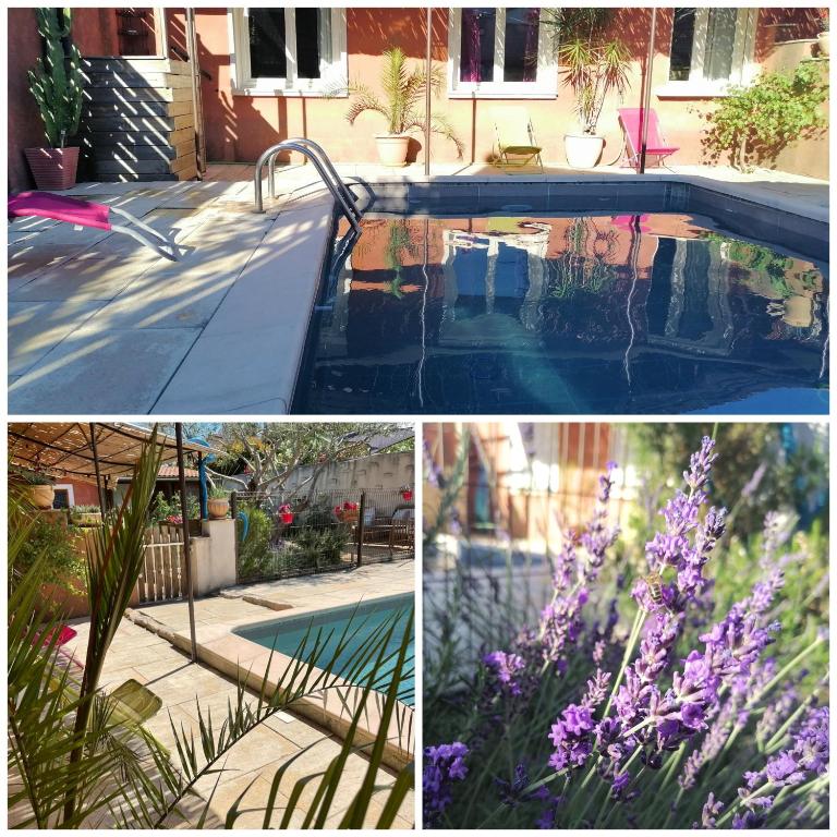 un collage de trois photos d'une piscine dans l'établissement Location saisonnière du Moulin, à Saint-Saturnin-les-Avignon