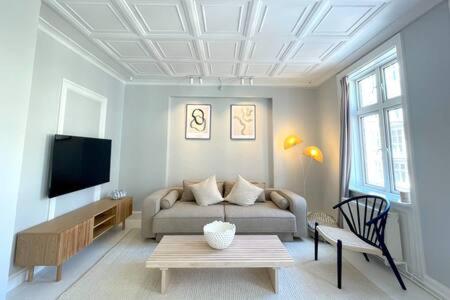 sala de estar con sofá y TV en Flat in Trendy and Vibrant Nørrebro Area en Copenhague