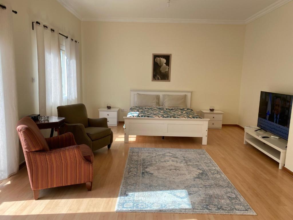 a bedroom with a bed and a chair and a tv at The Family in Abu Dhabi