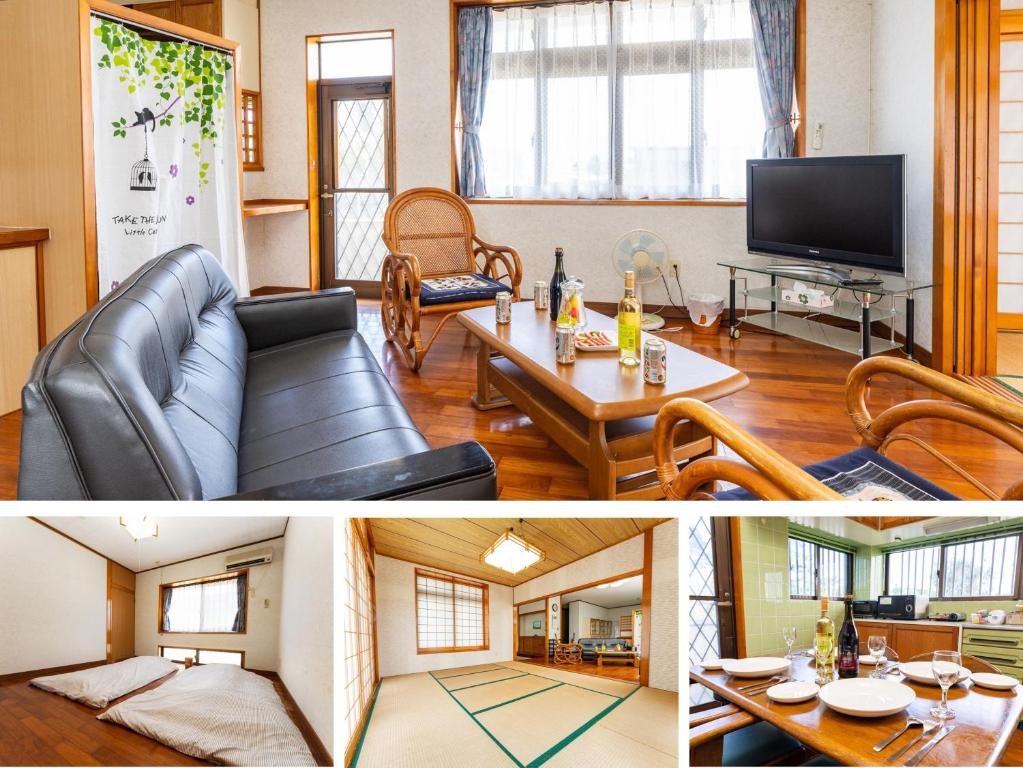 AGARI 伊江島 Ie Island في Ie: غرفة معيشة مع أريكة وطاولة