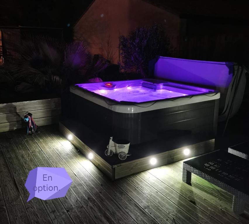 a hot tub in a room with purple lights at Au Poème du Chêne, Logement indépendant, Intimité, SPA et bien-être in Basse-Goulaine