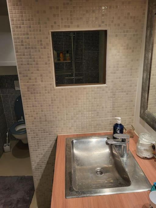 a sink in a bathroom with a tiled wall at Appartement de charme et jardin in Bihorel