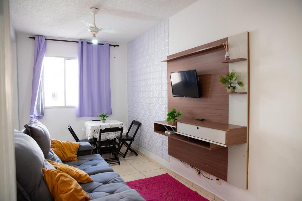 a living room with a couch and a tv at Apto otima localizacao e Wi-Fi em Serra ES in Serra