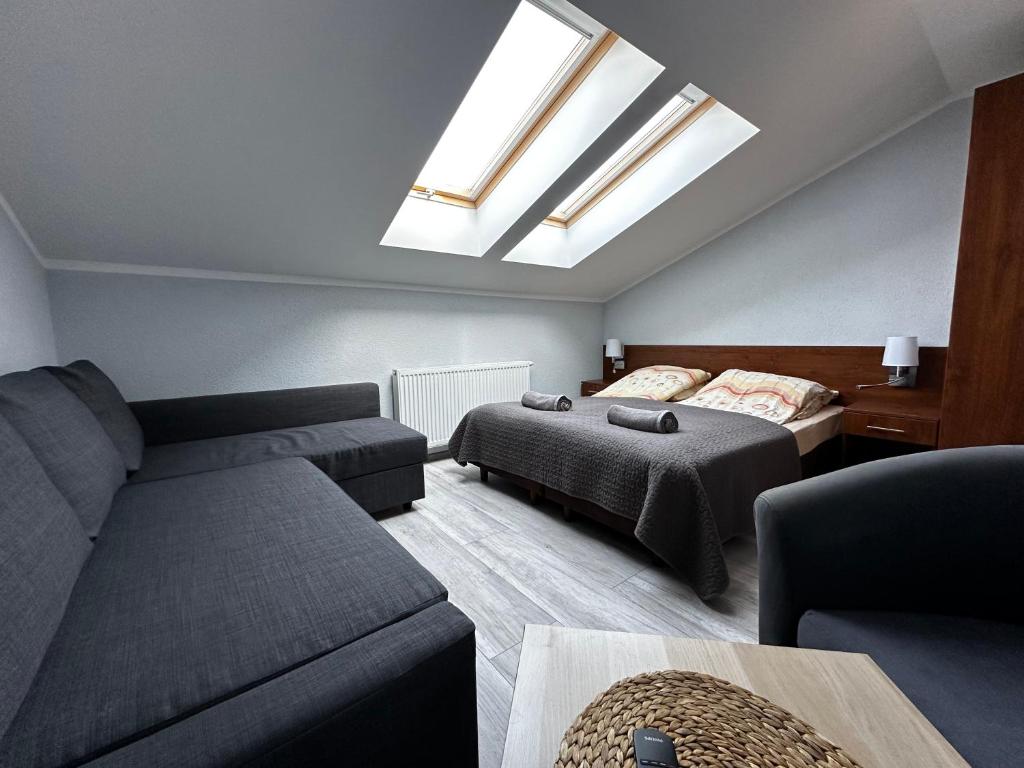 salon z kanapą, łóżkiem i świetlikami w obiekcie Apartament Serwis w Krakowie