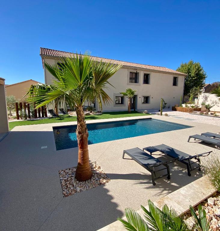 un palmier installé à côté d'une piscine dans l'établissement Le Chai, à Nissan-lez-Enserune