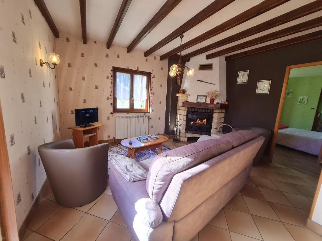 ein Wohnzimmer mit einem Sofa und einem Kamin in der Unterkunft Gîte Gerbépal, 4 pièces, 6 personnes - FR-1-589-142 in Gerbépal
