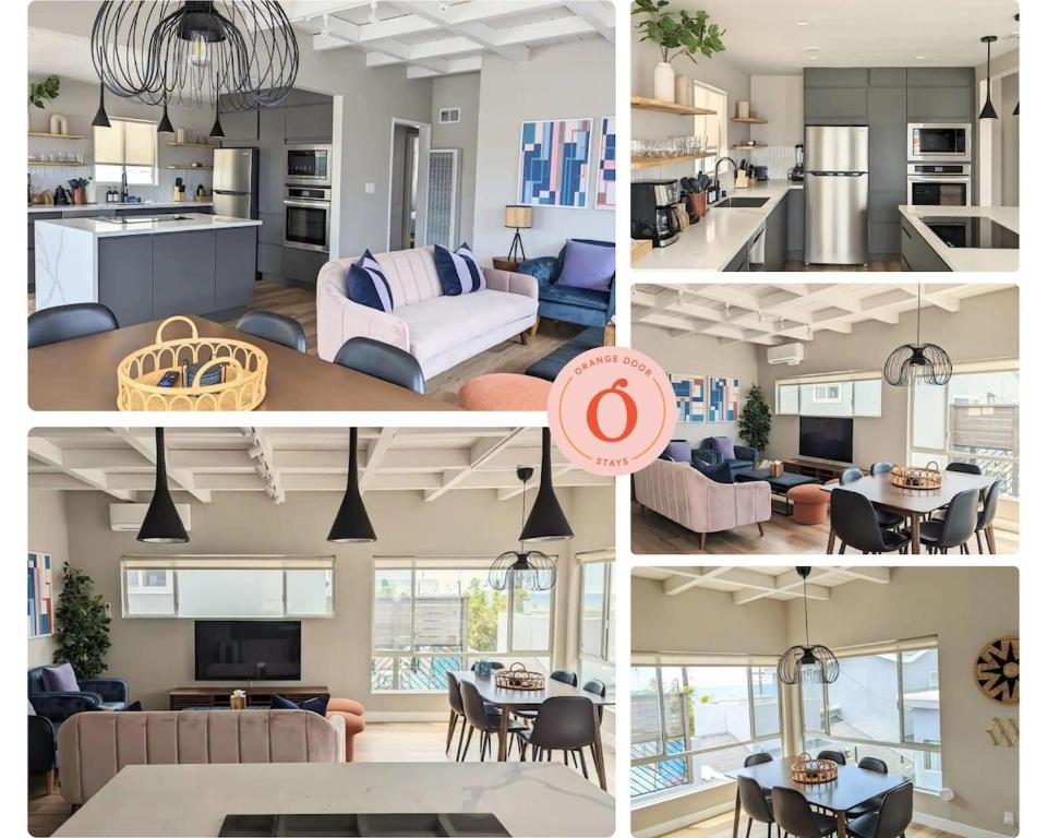 a collage of photos of a kitchen and a living room at Beachside Bliss Oceanview Apt Manhattan Beach in Manhattan Beach