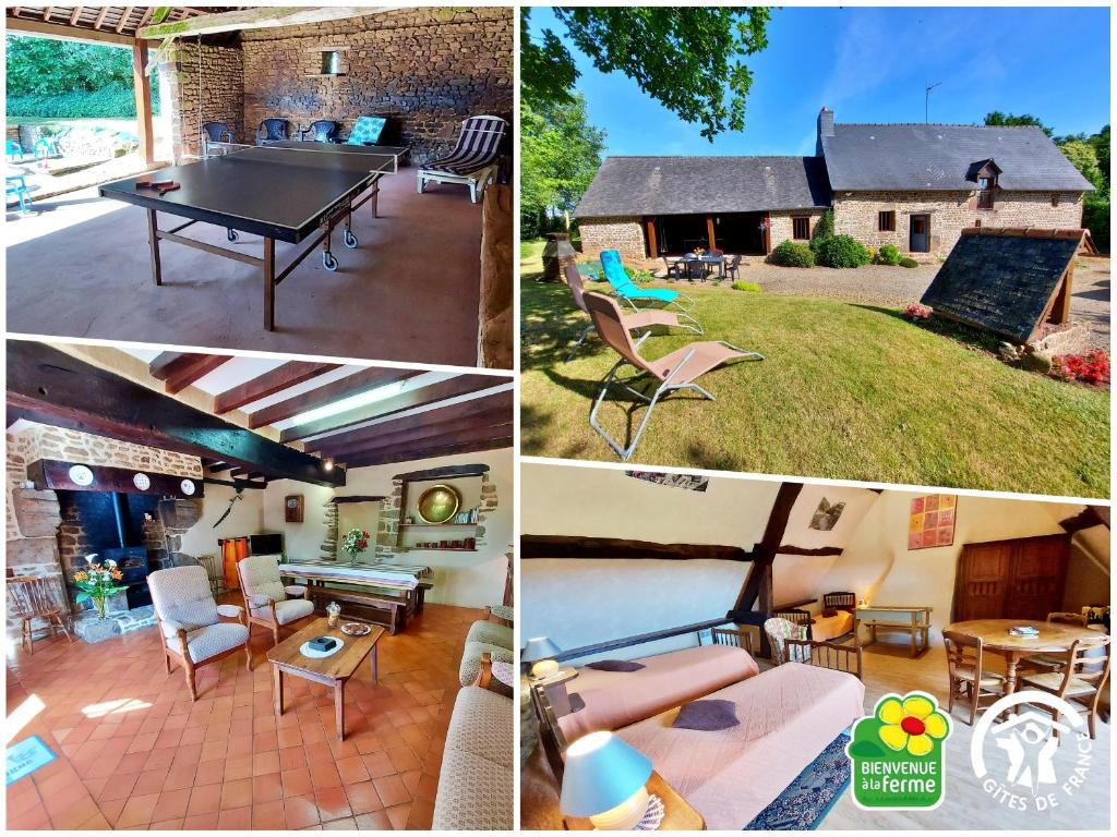 een collage van foto's van een huis met een tafeltennistafel bij Gîte Saint-Aubin-Fosse-Louvain, 4 pièces, 7 personnes - FR-1-600-50 in Saint-Aubin-Fosse-Louvain