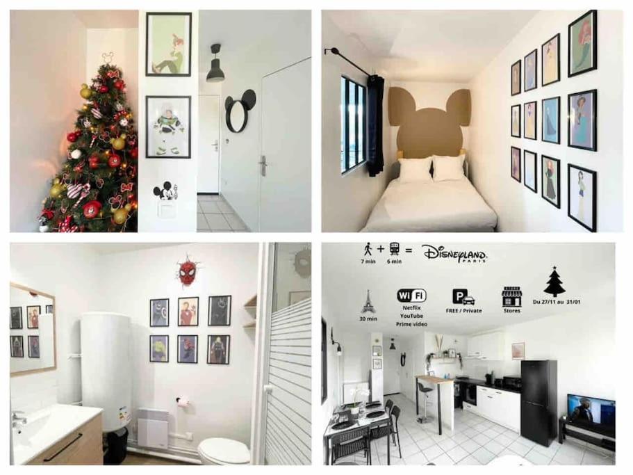 un collage de quatre photos d'une pièce avec un arbre de Noël dans l'établissement Mickey's house - Apartments 4 persons - 10 min Disneyland Paris, à Bussy-Saint-Georges
