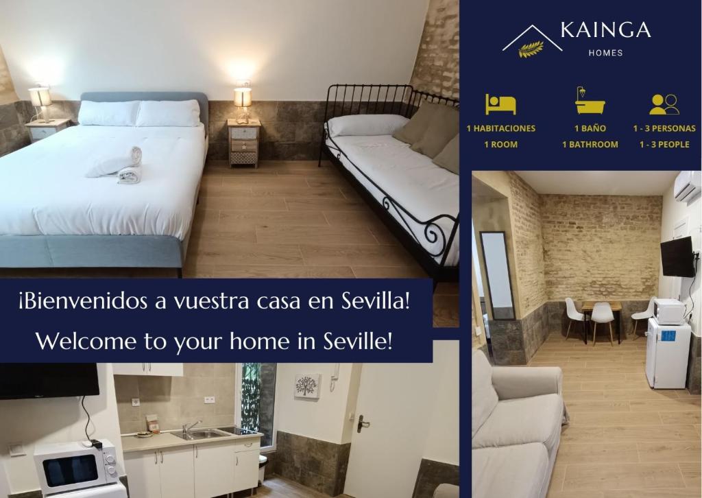 Habitación de hotel con cama y sofá en Almona Puente de Barcas - Kainga Homes, en Sevilla