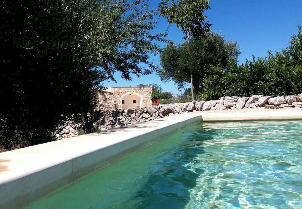 basen z kamienną ścianą i dom w obiekcie Trulli-Mestandrea al poggio piscina uso esclusivo w mieście Noci