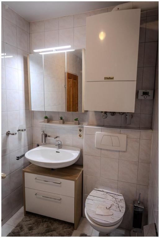 a bathroom with a sink and a toilet and a mirror at Appartement Franz in Bad Ischl
