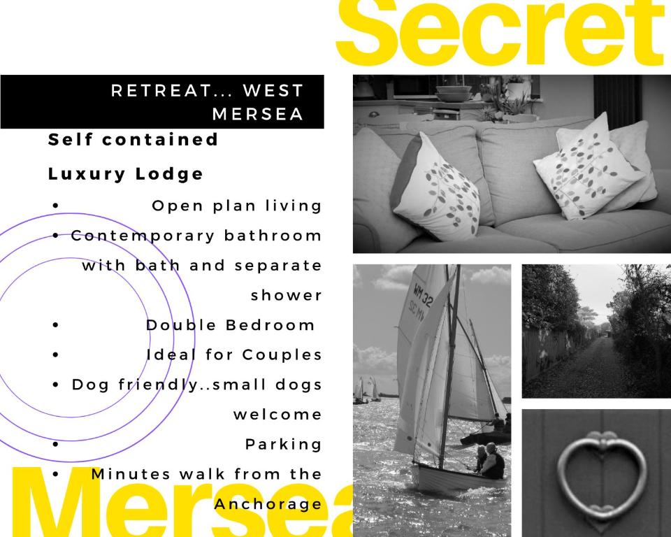 een collage van afbeeldingen van een flyer met een bank bij Secret Mersea Retreat - a stroll from the anchorage! in West Mersea