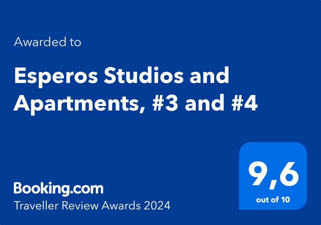 Certifikát, hodnocení, plakát nebo jiný dokument vystavený v ubytování Esperos Studios and Apartments, #3 and #4