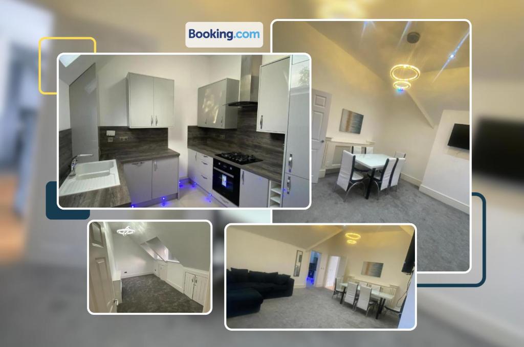 drie foto's van een keuken en een woonkamer bij Penthouse APT8 in Wolverhampton