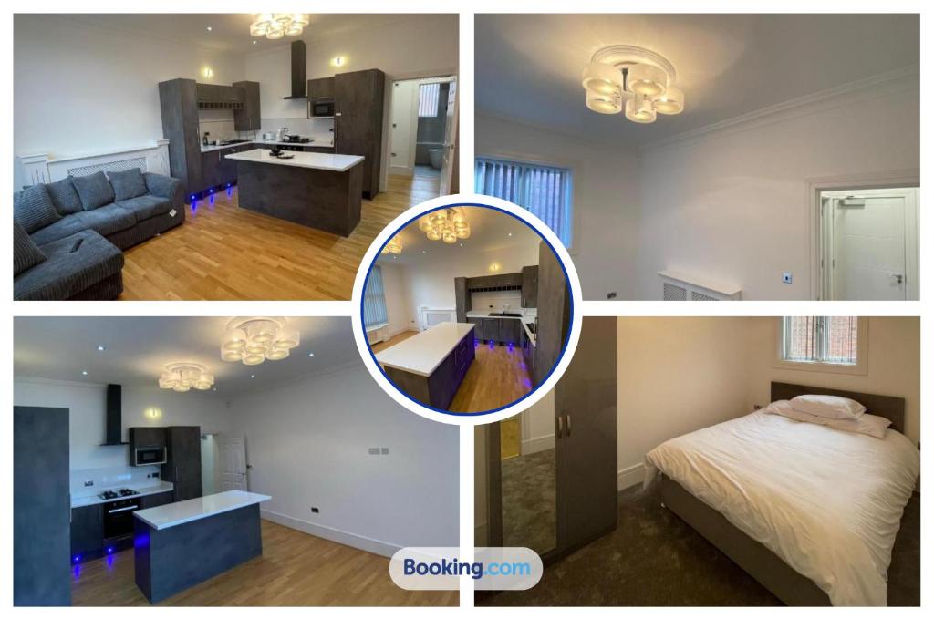 un collage de tres fotos de un dormitorio y una sala de estar en Luxury Apartment APT5, en Wolverhampton
