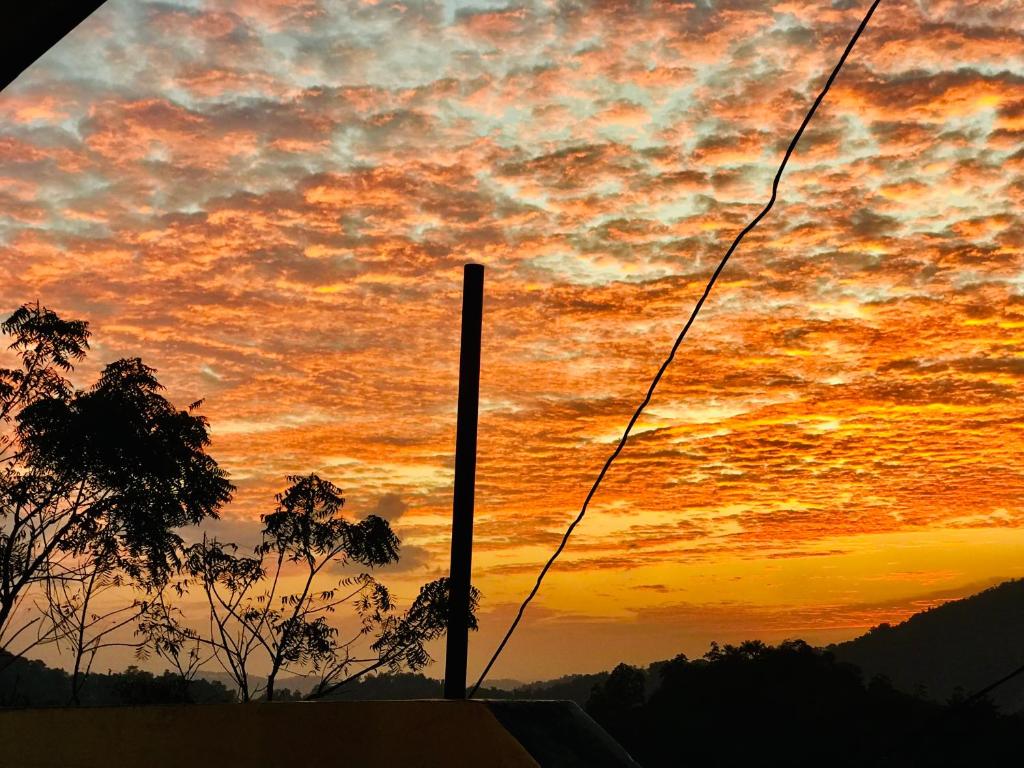 een zonsondergang met een paal en bomen op de voorgrond bij Cloud Nine in Kandy