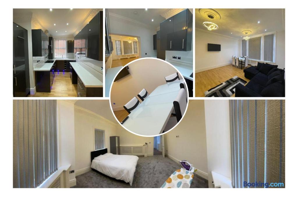 Luxury Apartment with a jacuzzi في ولفرهامبتون: مجموعة من الصور لغرفة معيشة وغرفة نوم