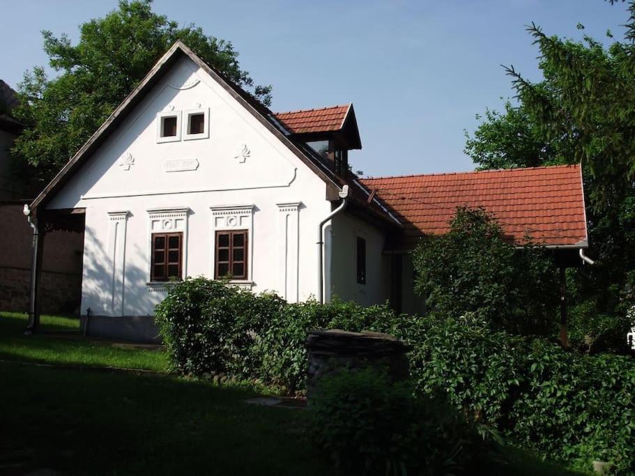 una pequeña casa blanca con techo rojo en Creekside country cottage Nagyvisnyo/ Patakparti paraszthaz Nagyvisnyo en Nagyvisnyó