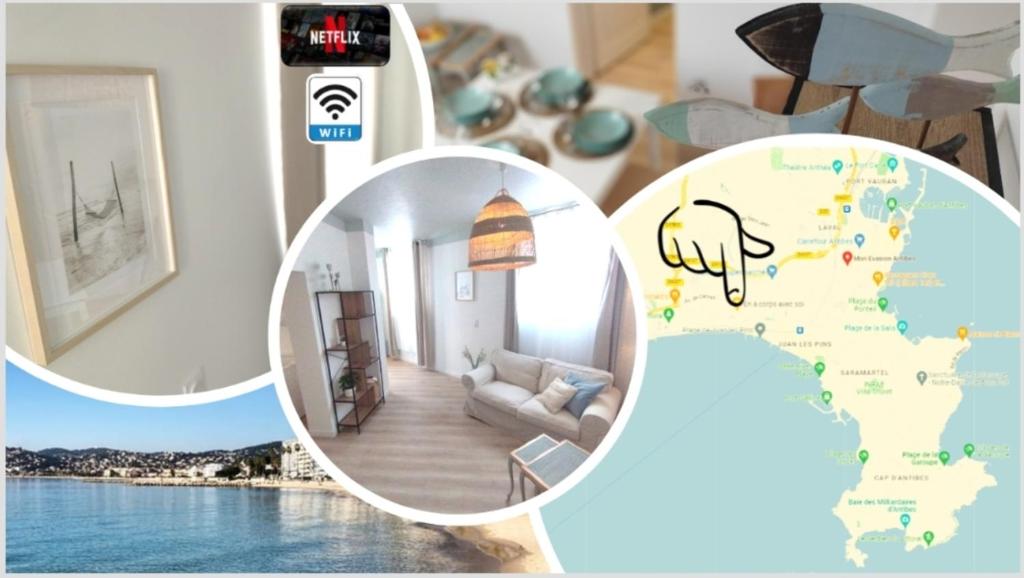 un collage de photos d'un salon avec une carte dans l'établissement Plage & Confort Appartement 3 pièces Parking clim et wifi, à Antibes