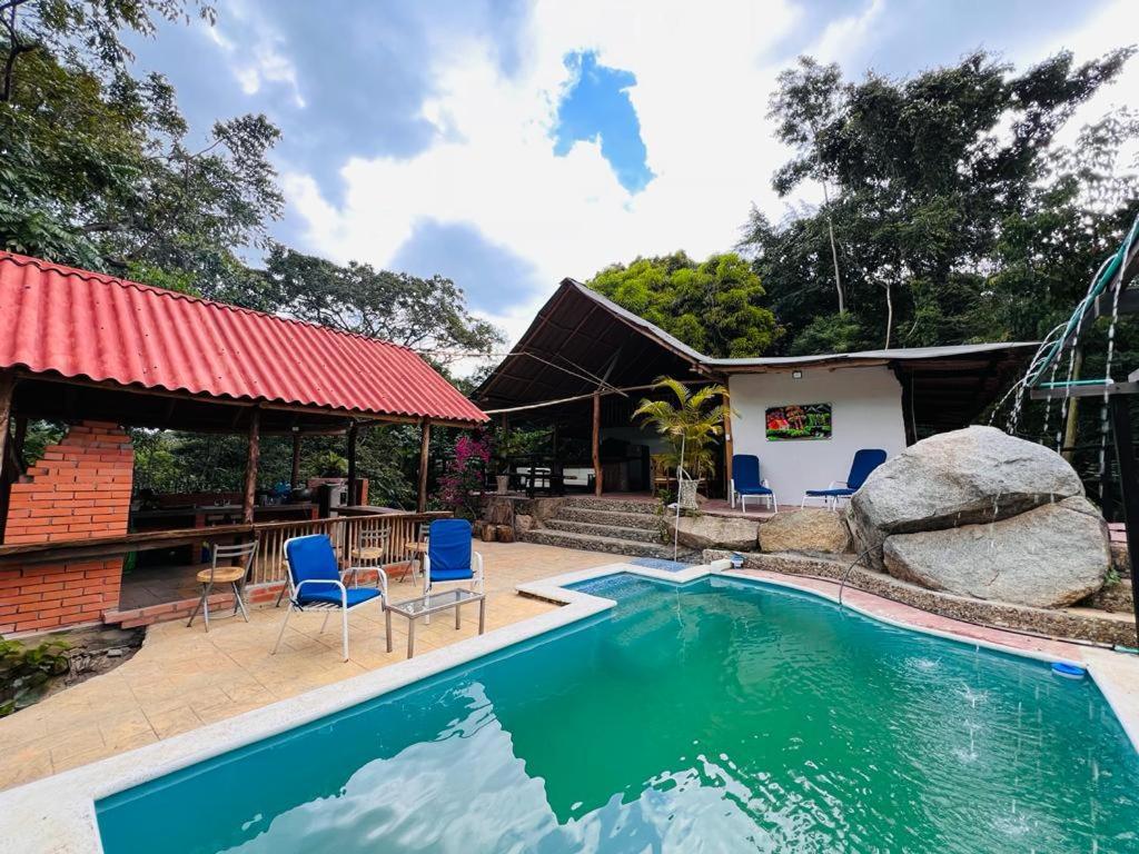 une piscine avec des chaises bleues et une maison dans l'établissement Cabaña la roca de minca sierra nevada, à Santa Marta